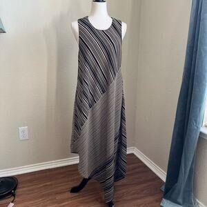 Donna Karan Black and Tan Stripe Dress Maxi Sleeveless Asymmetrical Hem Medium